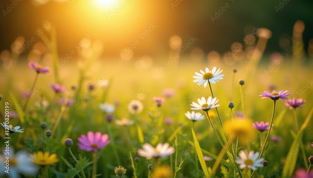 Fototapeta premium Golden light bathes a tapestry of wildflowers swaying in the breeze, breeze, meadow