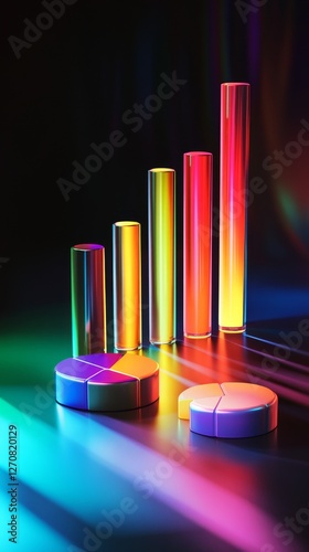 Modern 3D bar chart and pie chart with a glossy finish for financial presentations. 