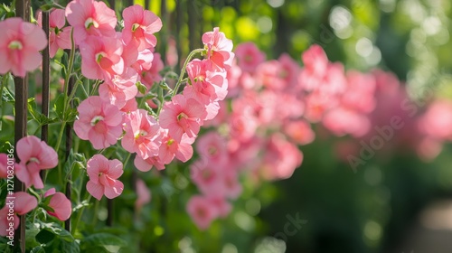 Vibrant pink flowers blooming along a wooden fence in a sunny garden setting