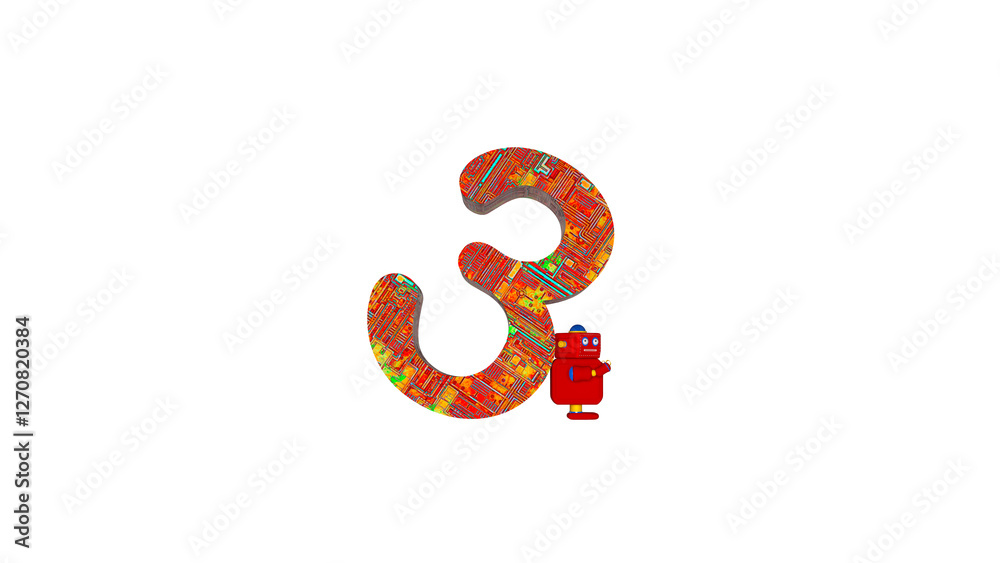 Futuristic number three with texture held by a robot on white background Futuristic number three with texture held by a robot on white background