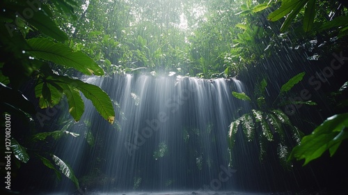Lush rainforest bathed in sunlight during a gentle rain shower in the early m...