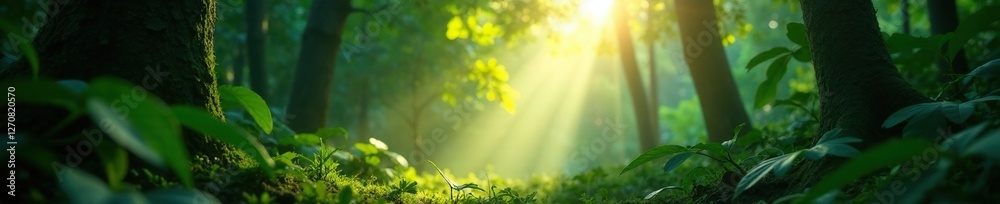 Fototapeta premium A narrow beam of light filters through leaves, light, jungle, forest