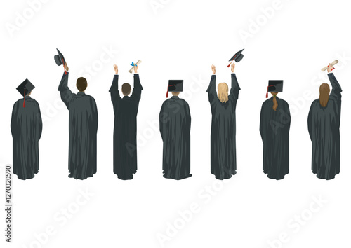 set of graduation figures character standing from behind gestrues university college diplom traditional celebration ceremony school pupils in robe vector flat illustration isolated on white background
