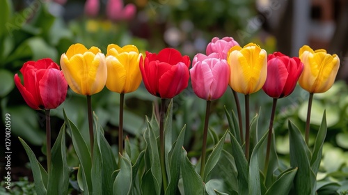 Colorful tulips bloom in a garden setting during springtime in soft evening l...