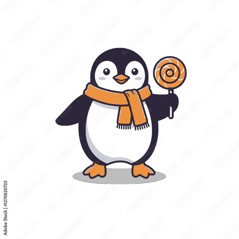 Fototapeta premium Illustration of a Penguin Holding a Lollipop and Wearing an Orange Scarf