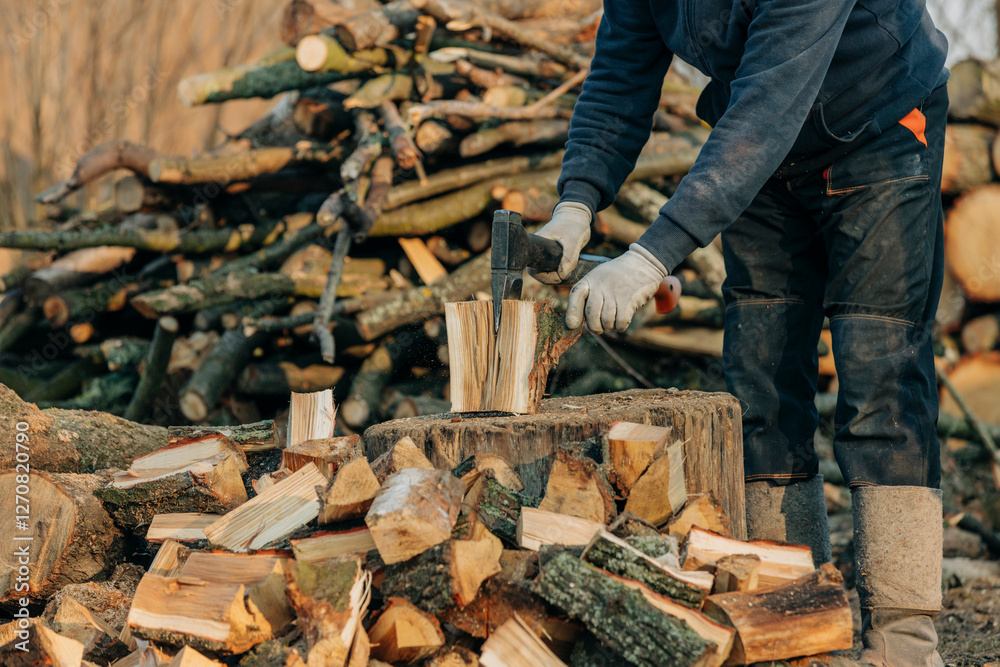Man chopping wood with an axe in a European village during winter Man chopping wood with an axe in a European village during winter