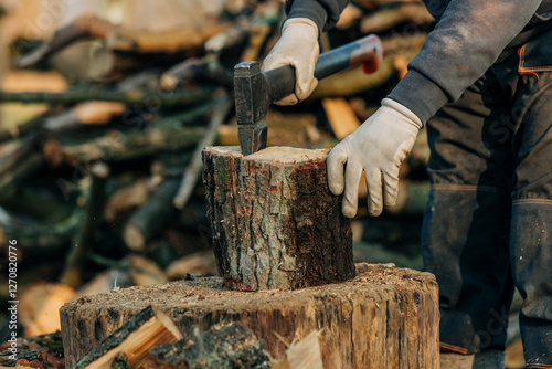 Man chopping wood with an axe on a stump in a European village