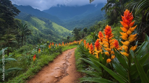 Colorful flowers lining a serene path through a lush forest during daytime