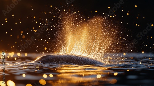 Humpback whale breaches the ocean at sunset creating a stunning spray of wate...