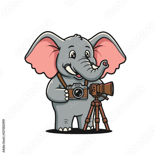 Cartoon Elephant Photographer Holding Camera on Tripod in Cute Illustration