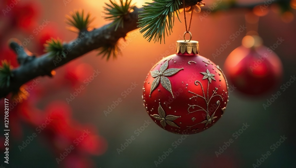 Red and gold ornaments hang from a tree branch, color, Red and gold ornaments hang from a tree branch, color,