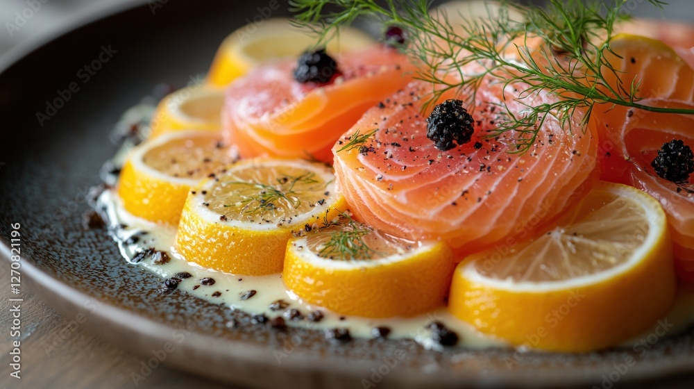 Vibrant Salmon Sashimi with Lemon and Dill Garnish on Elegant Plate Vibrant Salmon Sashimi with Lemon and Dill Garnish on Elegant Plate