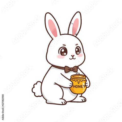Cartoon Bunny Holding Honey Jar with Friendly Expression and Bowtie