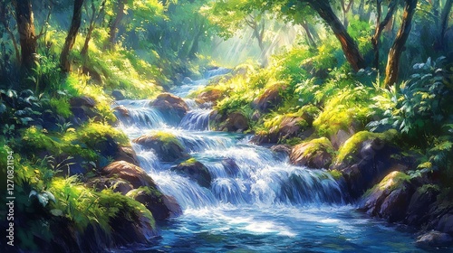 Lush tropical landscape with a serene pathway beside a clear blue stream and ...