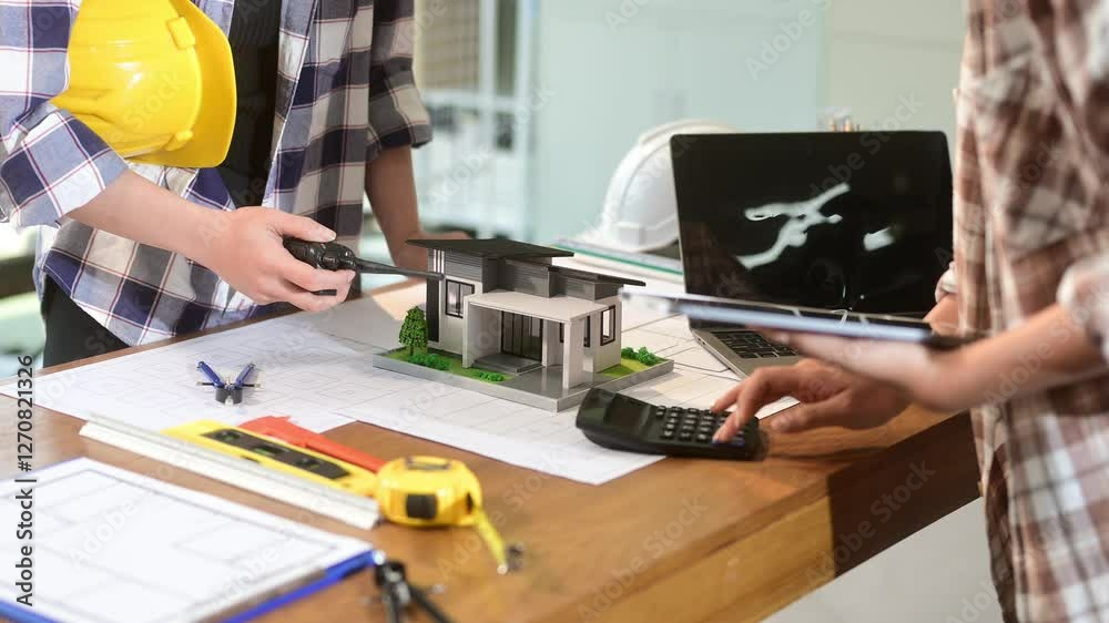 Two colleagues discussing data working and tablet, laptop with architectural project