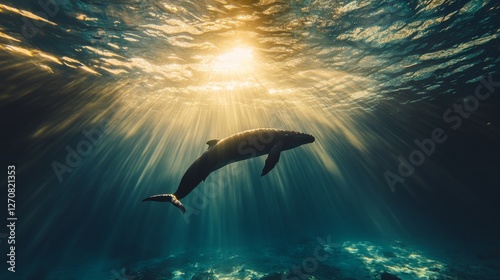 Majestic whale swims gracefully beneath sunlit ocean surface