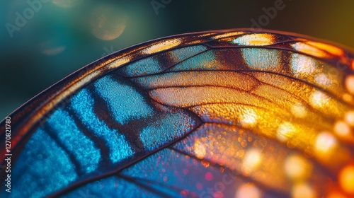 Vibrant close-up of butterfly wing showcasing intricate patterns and colors i...