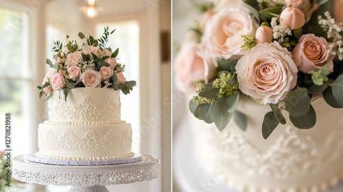 Elegant wedding cake decorated with fresh roses and greenery for a memorable ...