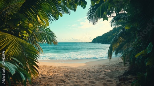 Serene beach view framed by lush foliage and mountains during a clear day in ...