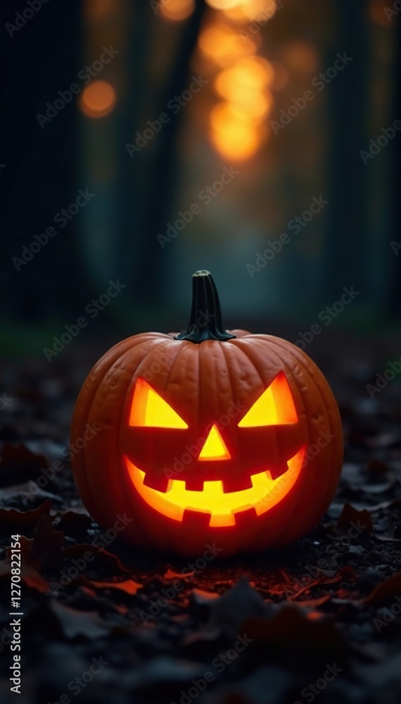 A solitary pumpkin lantern glows with a soft and eerie radiance in the woods, shadows, pumpkin A solitary pumpkin lantern glows with a soft and eerie radiance in the woods, shadows, pumpkin