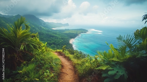 Breathtaking mountain view at sunrise with lush greenery and tranquil lake below