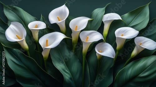 Calla lilies blooming in a lush garden with sunlight filtering through trees