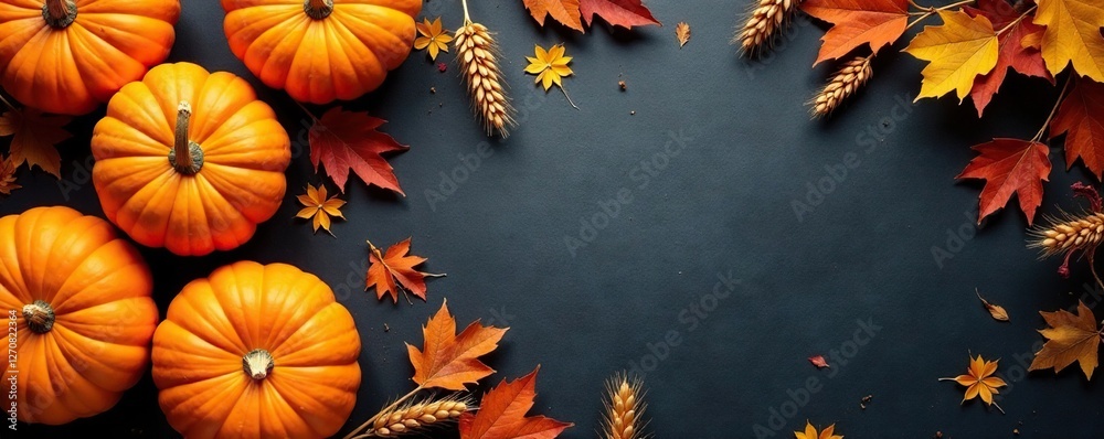 Autumnal flat lay of pumpkins and wheat on dark background, fall flowers, seasonal decor Autumnal flat lay of pumpkins and wheat on dark background, fall flowers, seasonal decor