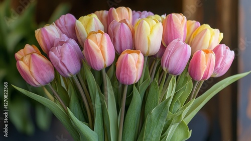 Colorful bouquet of tulips in shades of pink and yellow arranged on a neutral...