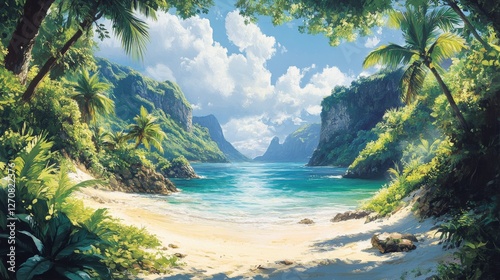 Serene tropical bay with lush greenery and distant mountains under a bright sky