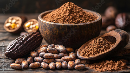 A bowl of chocolate powder is on a wooden table with a pile of chocolate beans