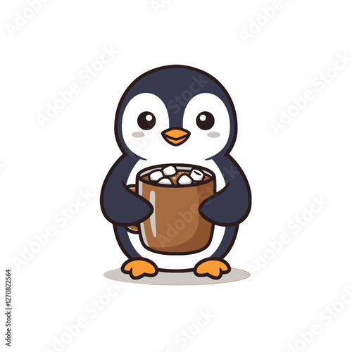 Cute Cartoon Penguin Holding a Cup of Hot Chocolate in Arms