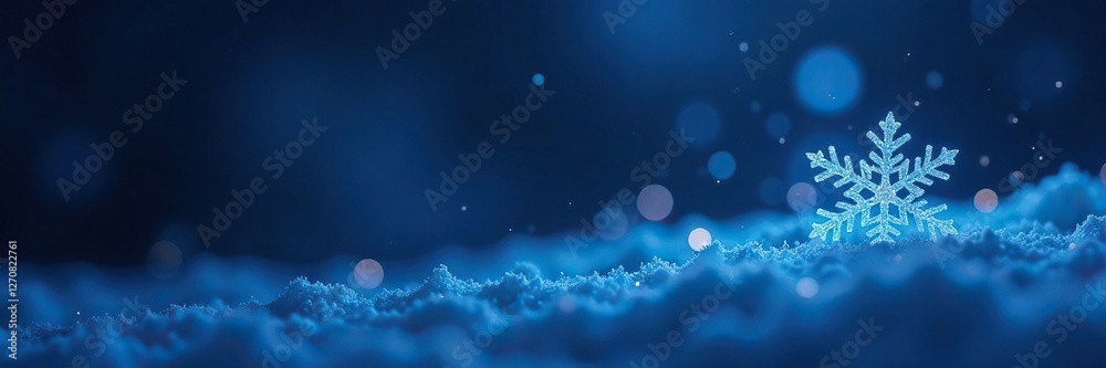 Fototapeta premium Soft glowing blue snowflake on a dark background with subtle stars, night, sky, gentle