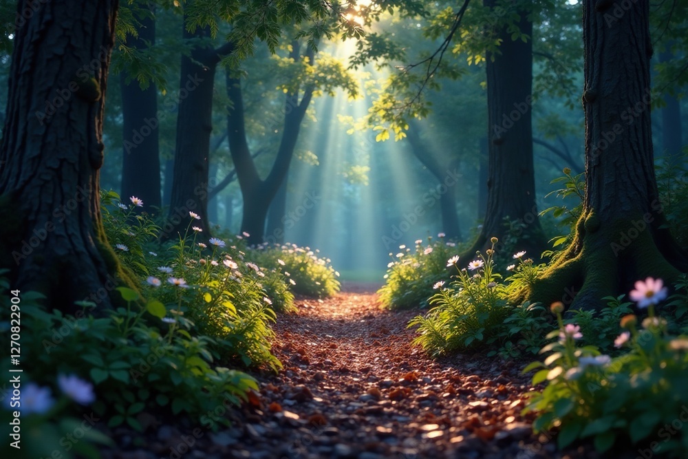 Sparkling particles illuminate the path through the enchanted woods, mystical, path, sparkling Sparkling particles illuminate the path through the enchanted woods, mystical, path, sparkling