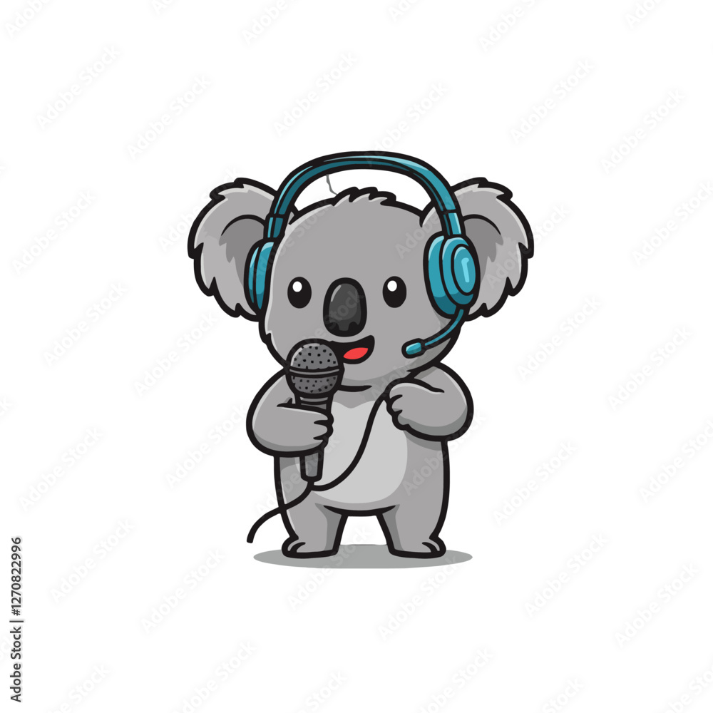 Cute Cartoon Koala Singing with Microphone and Headset Cute Cartoon Koala Singing with Microphone and Headset