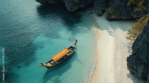 Scenic view of a traditional boat anchored near a tropical beach with crystal...