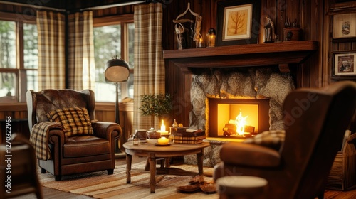 Cozy cabin interior; fireplace, chairs, warm lighting.