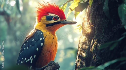 Colorful woodpecker perched on tree in vibrant forest during golden hour