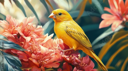 Bright yellow bird with a black face perched on vibrant orange flowers in sun...