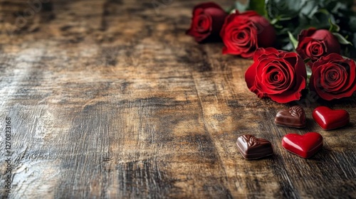 Valentine's Day decoration with red roses and chocolates on rustic wooden sur...