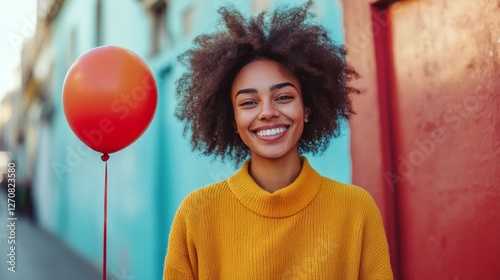 Bright smile and colorful balloon in vibrant street setting during daylight