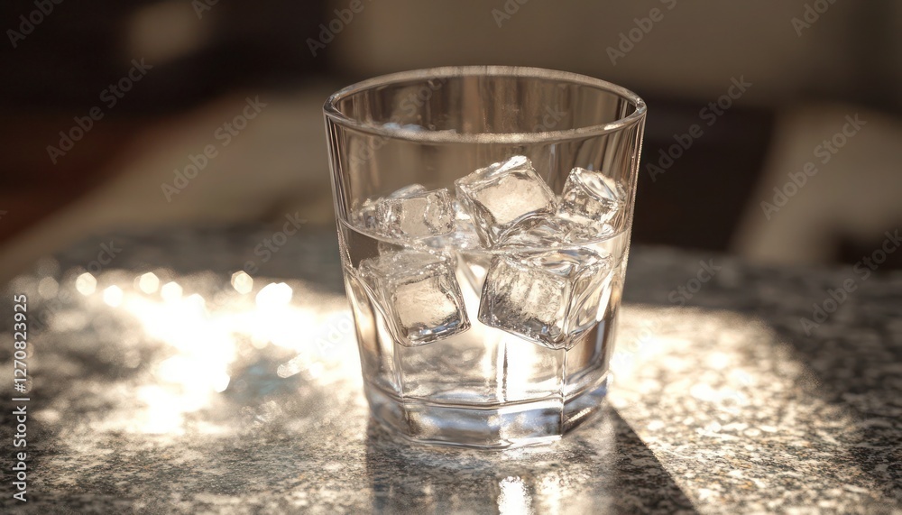 A frosty water glass with shimmering ice cubes sitting on a granite tabletop A frosty water glass with shimmering ice cubes sitting on a granite tabletop