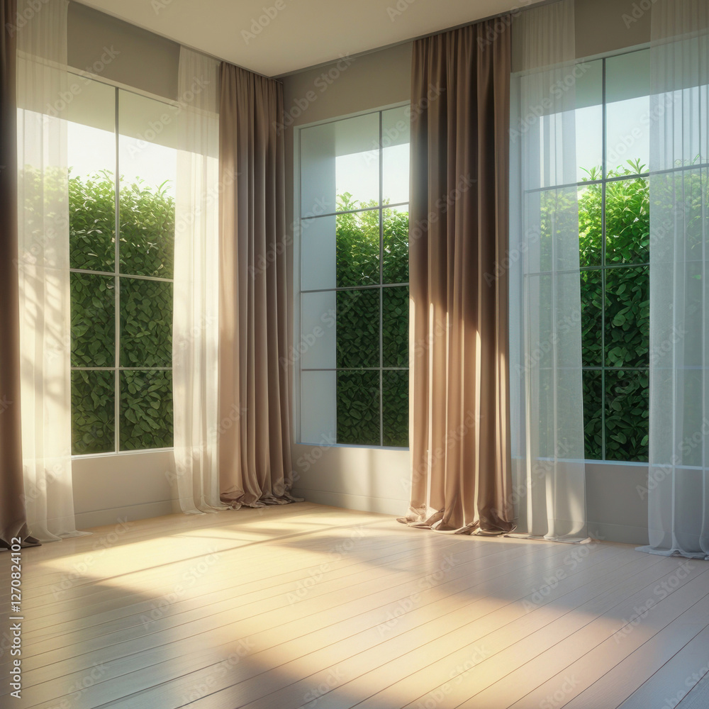 Fototapeta premium An unfurnished and empty living room with wooden floor and large windows
