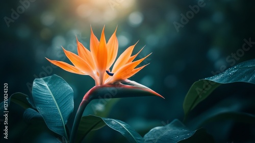 Bright orange flower with blue leaves in a tranquil setting captured during t...