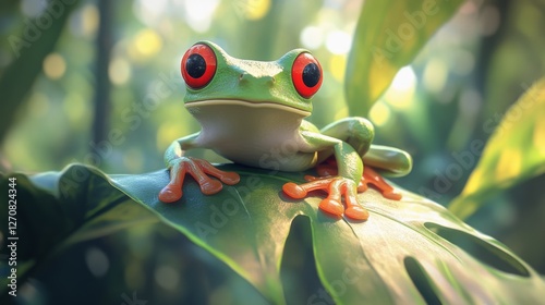 Bright red-eyed tree frog perched on green leaf in lush environment