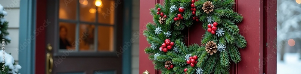 Pinecone wreath on a front door with snowflakes, door Pinecone wreath on a front door with snowflakes, door