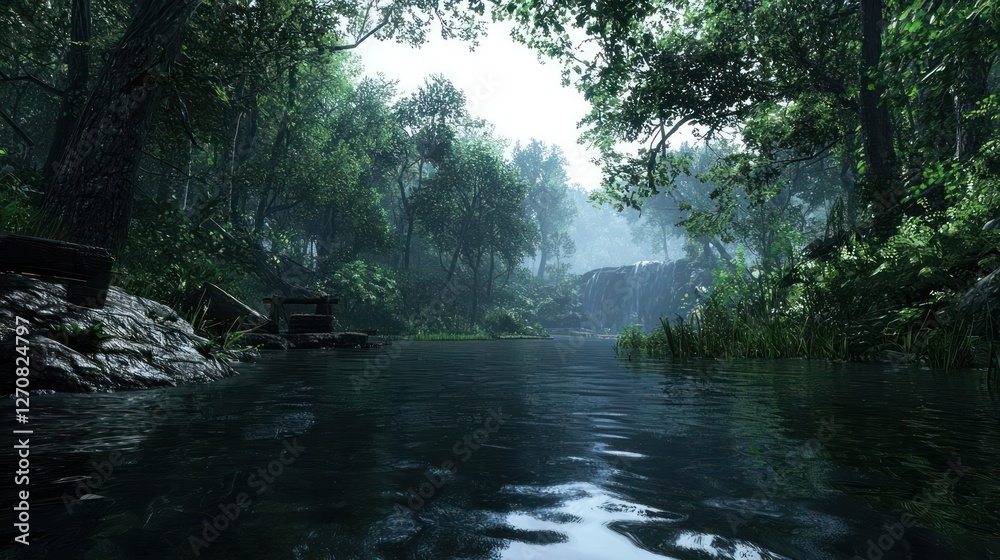 Serene Forest River Landscape with Lush Green Trees and Misty Atmosphere Serene Forest River Landscape with Lush Green Trees and Misty Atmosphere