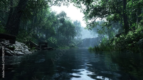 Serene Forest River Landscape with Lush Green Trees and Misty Atmosphere