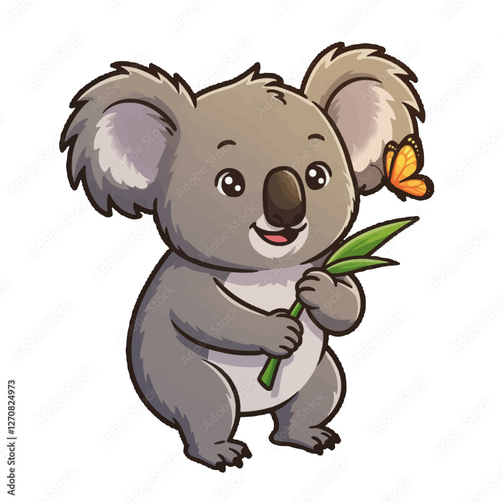 Obraz premium Cute Cartoon Koala Holding Bamboo Stalk With Butterfly Nearby