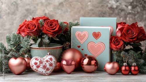 Beautiful arrangement of red roses and heart-themed decorations for romantic ...