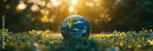Earth globe resting on green grass under a warm sunset in a serene outdoor se...
